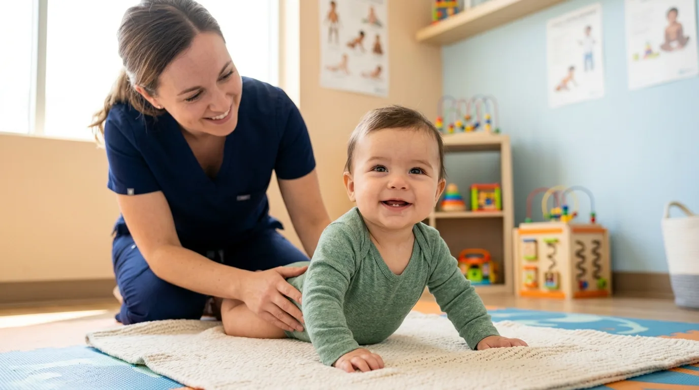 Bébé avec la tête bien centrée après traitement du torticolis congénital