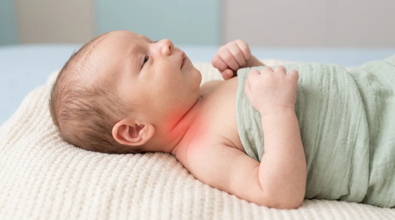 Bébé avec la tête penchée d'un côté typique du torticolis congénital